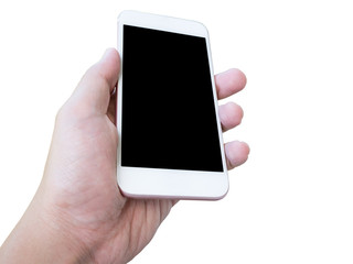 Hand holding smart phone isolated on white background