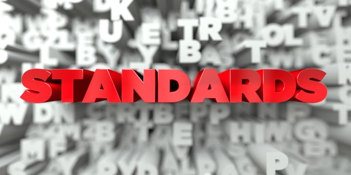 STANDARDS -  Red text on typography background - 3D rendered royalty free stock image. This image can be used for an online website banner ad or a print postcard.