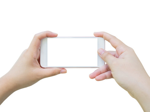 Hand holding smart phone taking photo isolated on white backgrou