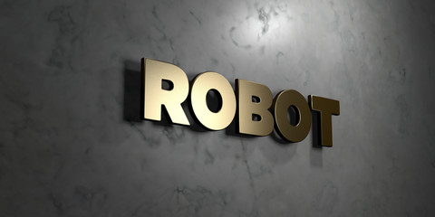 Robot - Gold sign mounted on glossy marble wall  - 3D rendered royalty free stock illustration. This image can be used for an online website banner ad or a print postcard.