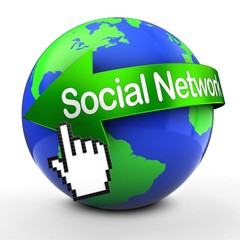 3d illustration of Earth globe on white  with social network text on green arrow