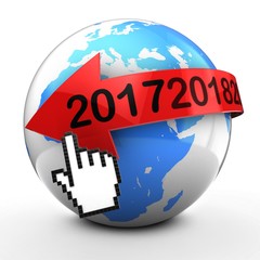 3d illustration of globe on white backdrop  with years text on red arrow