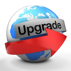 3d illustration of globe on white backdrop  with upgrade text on steel banner