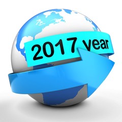 3d illustration of Earth globe on white back  with 2017 year text on light blue banner