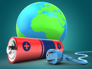3d illustration of battery over blue background with earth globe and power cable