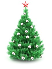 3d illustration of Christmas tree over white background with red star and silver balls