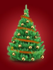 3d illustration of Christmas tree over red background with orange tinsel and golden balls