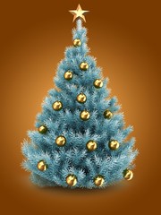 3d illustration of blue Christmas tree over orange background with star and golden balls