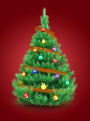 3d illustration of Christmas tree over red background with orange tinsel and glass balls