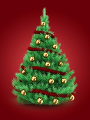 3d illustration of Christmas tree over red background with red tinsel and golden balls