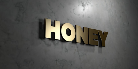 Honey - Gold sign mounted on glossy marble wall  - 3D rendered royalty free stock illustration. This image can be used for an online website banner ad or a print postcard.