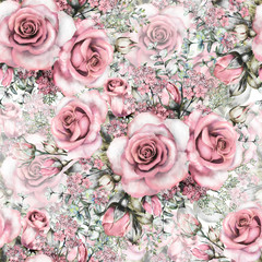 Seamless pattern with pink flowers and leaves, watercolor floral pattern, flower rose in pastel color, seamless flower pattern for wallpaper, card or fabric