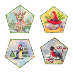 Fototapeta premium watercolor set of cristmas illustration, drawing by hand, suit for postcard