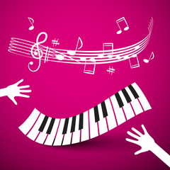 Keyboard, Hands and Staff. Vector Abstract Pink Music Background.