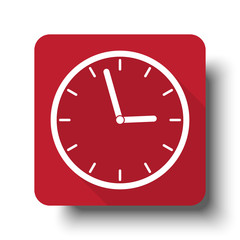 Flat Clock web icon on red button with drop shadow