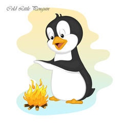 Funny and cute cold little penguinmake a fire. Merry Christmas and Happy New year card. Christmas card in cartoon style. Vector illustration