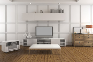 3d rendering white classic living room with tv set