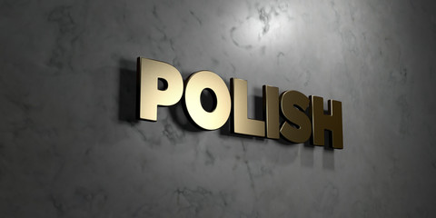Polish - Gold sign mounted on glossy marble wall  - 3D rendered royalty free stock illustration. This image can be used for an online website banner ad or a print postcard.