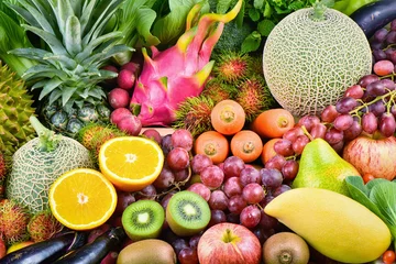 Rucksack Anordnung tropischer Früchte und Gemüse für gesundes © peangdao