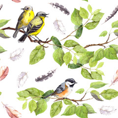 Birds on branch. Seamless repeating pattern. Watercolor
