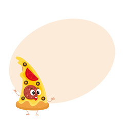 Funny slice of pizza fast food kids menu character, cartoon style vector illustration on yellow background with place for text. Funny pizza character with eyes, legs, and a wide smile