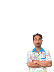 Asian businessman smiling while crossing his arms on white background, 
Leader and successful businessman concepts. - office man on vertical white background.