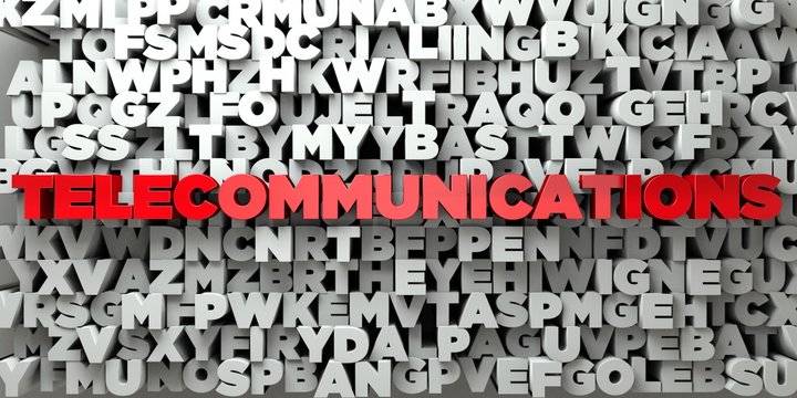 TELECOMMUNICATIONS -  Red text on typography background - 3D rendered royalty free stock image. This image can be used for an online website banner ad or a print postcard.