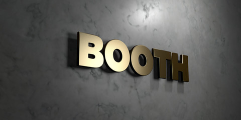 Booth - Gold sign mounted on glossy marble wall  - 3D rendered royalty free stock illustration. This image can be used for an online website banner ad or a print postcard.