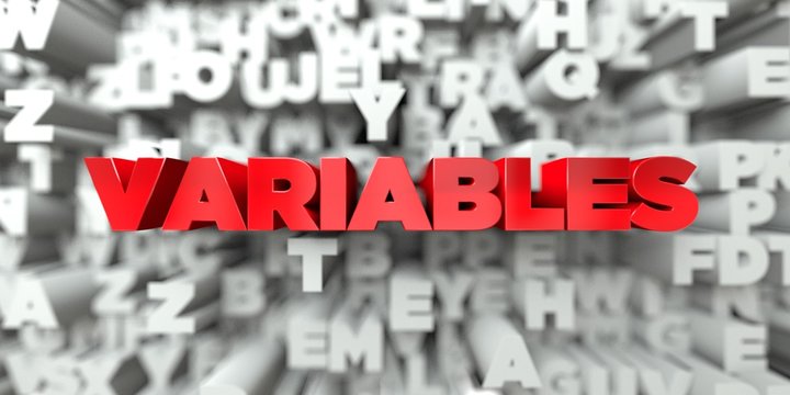 VARIABLES -  Red text on typography background - 3D rendered royalty free stock image. This image can be used for an online website banner ad or a print postcard.
