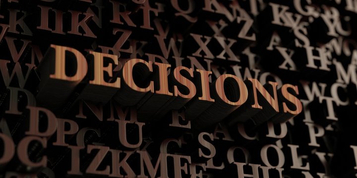 Decisions - Wooden 3D rendered letters/message.  Can be used for an online banner ad or a print postcard.
