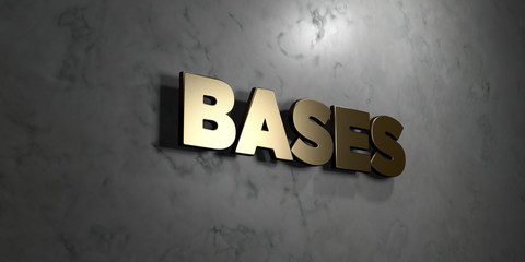 Bases - Gold sign mounted on glossy marble wall  - 3D rendered royalty free stock illustration. This image can be used for an online website banner ad or a print postcard.