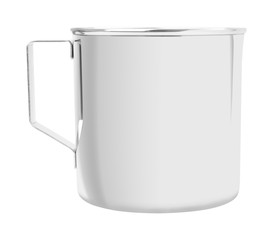 Open stainless cup with handle on white background.
