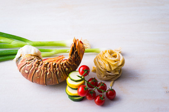 Crawfish tail, vegetables, and pasta