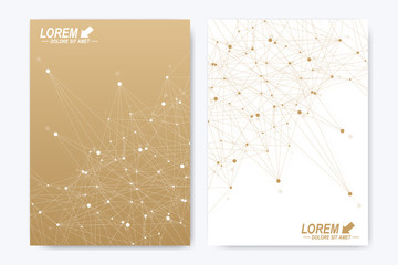 Modern vector template for brochure Leaflet flyer advert cover magazine or annual report. A4 size. Business, science, medical design book layout. Golden cybernetic dots. Lines plexus. Card surface.
