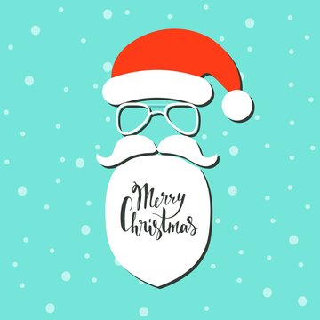 Merry Christmas. Santa Claus moustache, beard and glasses isolated on blue background.