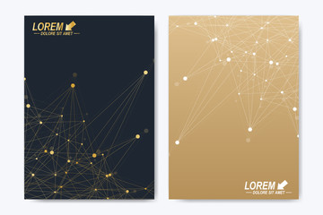 Modern vector template for brochure Leaflet flyer advert cover magazine or annual report. A4 size. Business, science, medical design book layout. Golden cybernetic dots. Lines plexus. Card surface.