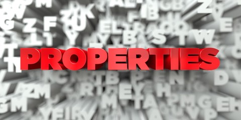 PROPERTIES -  Red text on typography background - 3D rendered royalty free stock image. This image can be used for an online website banner ad or a print postcard.