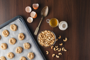 Ingredients for baking, milk, eggs, wheat flour, oats and kitche