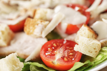 caesar salad with red cherry tomatoes, shallow focus