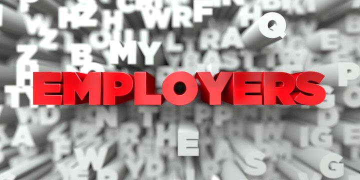 EMPLOYERS -  Red text on typography background - 3D rendered royalty free stock image. This image can be used for an online website banner ad or a print postcard.