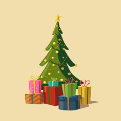 Christmas tree with gifts. Cartoon vector illustration