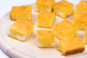 Cornbread slices on the wooden board