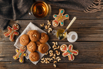 homemade christmas cookies on wooden background
