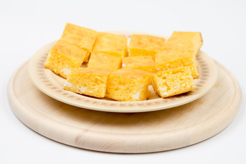 Cornbread slices on the wooden board