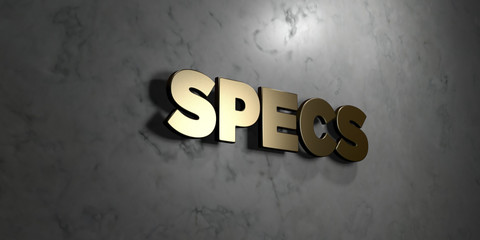 Specs - Gold sign mounted on glossy marble wall  - 3D rendered royalty free stock illustration. This image can be used for an online website banner ad or a print postcard.