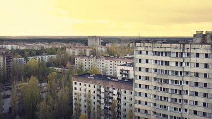 Vew from roof of 16-storied apartment house in Pripyat town, Chernobyl Nuclear Power Plant Zone of...