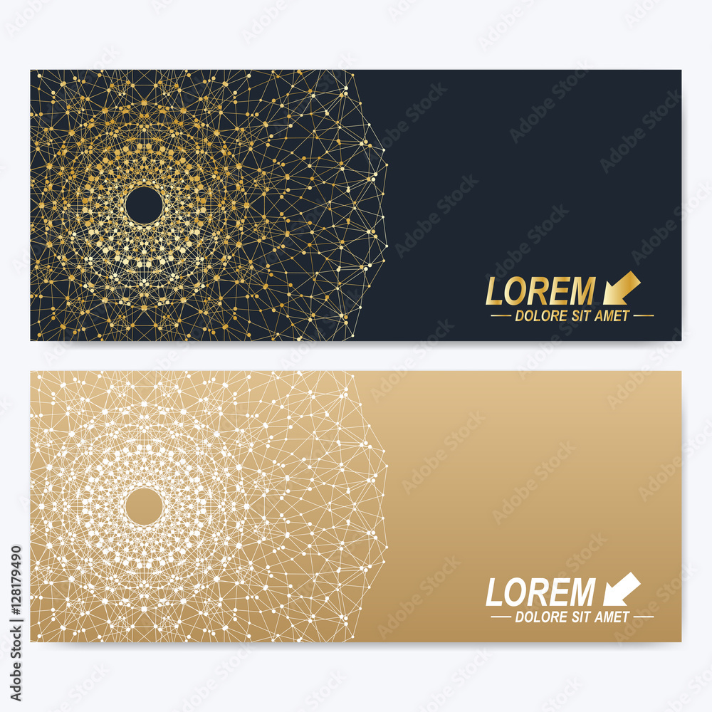 Poster Modern set of vector banners. Geometric abstract presentation with golden mandala. Molecule and communication background for medicine, science, technology, chemistry. Digital or science representation