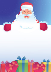 Santa Claus holding blank advertisement banner background 