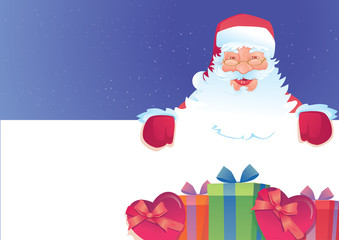 Santa Claus holding blank advertisement banner background 
