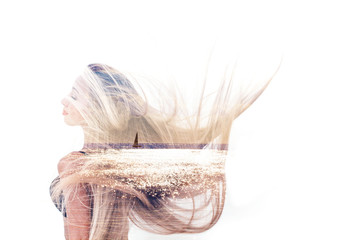 Double exposure of happy girl dancing and seascape